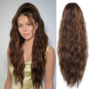 LEEONS 26 inch Drawstring ponytail Extension, Long Wavy pony tails hair extensions for Women - Synthetic Hairpiece Ponytail for Daily Use (Chocolate Brown with Honey Blonde Highlights)