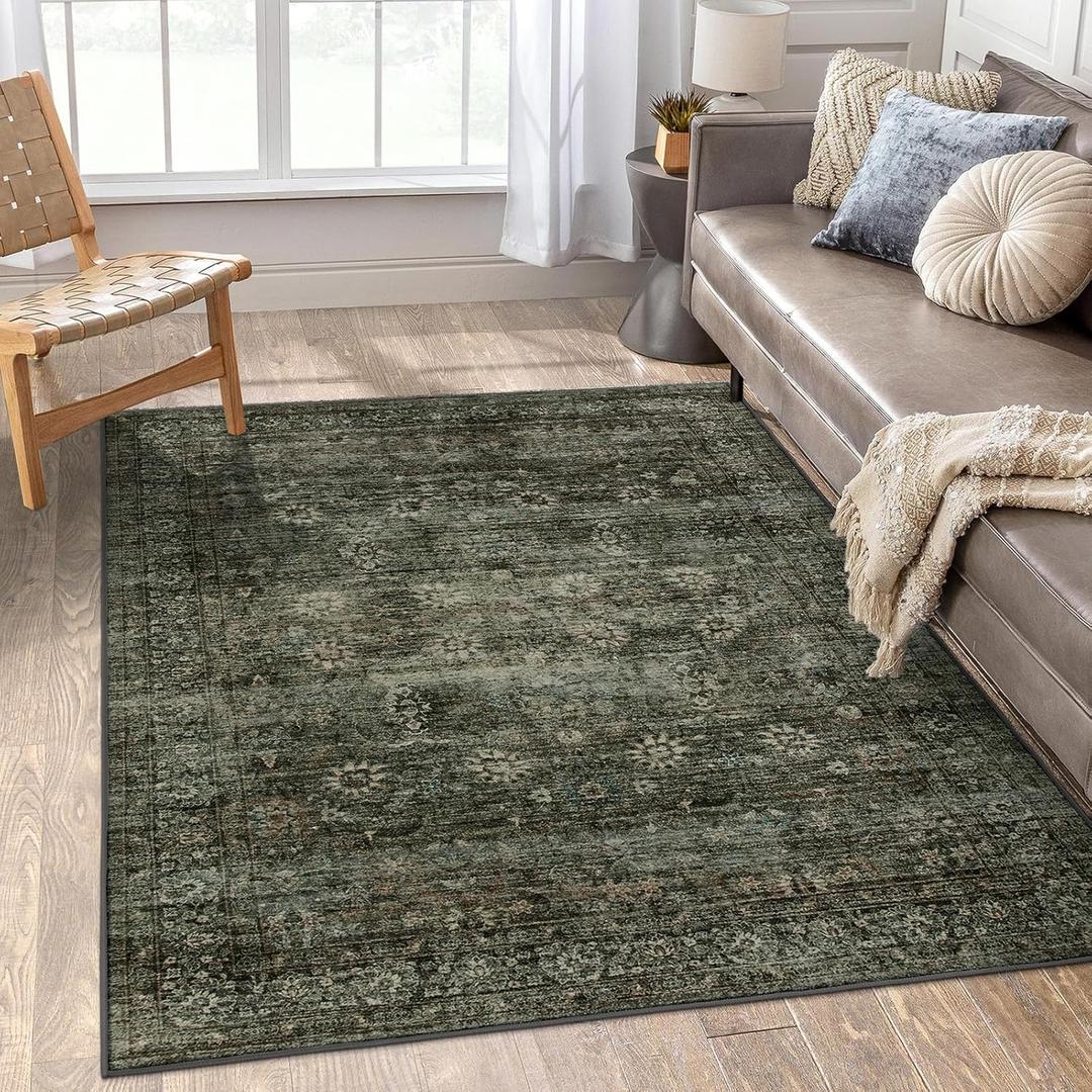 Vintage Green 5x7 Living Room Rug Non Slip,Washable Boho Rugs for Bedroom Aesthetic,Traditional Indoor Dining Room Throw Carpet for Office Playroom Dorm Decor (Olive Green/Grey,5 x 7)