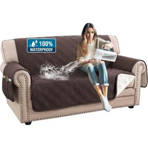 H.VERSAILTEX 100% Waterproof Couch Cover 2 Cushion Sofa Modern Sofa Covers Waterproof and Washable Thick Soft Couch Cover for Pets with Elastic Straps(Loveseat, Chocolate/Beige)
