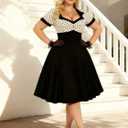 Nihsatin Vintage 1950s Retro Rockabilly Swing Dress Polka Dots Cocktail Dress with Belt (Black, XXXL)