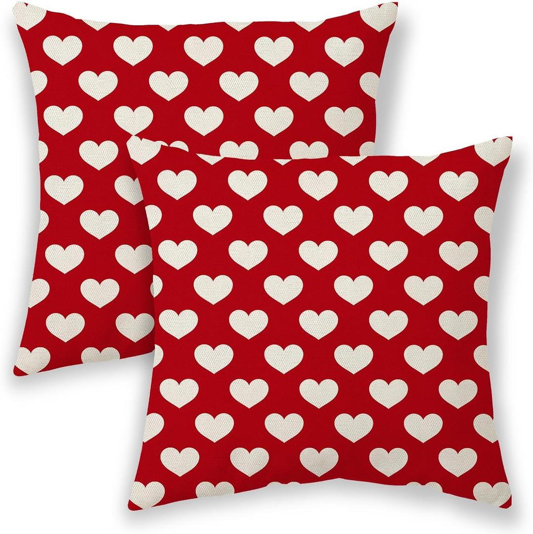 Valentines Pillow Covers 20x20 Inch 2 Pcs, Red Love Heart Decorative Throw Pillows for Couch, Valentine's Day Anniversary Outdoor Decor Pillowcase Linen Cushion Cover for Bed Sofa