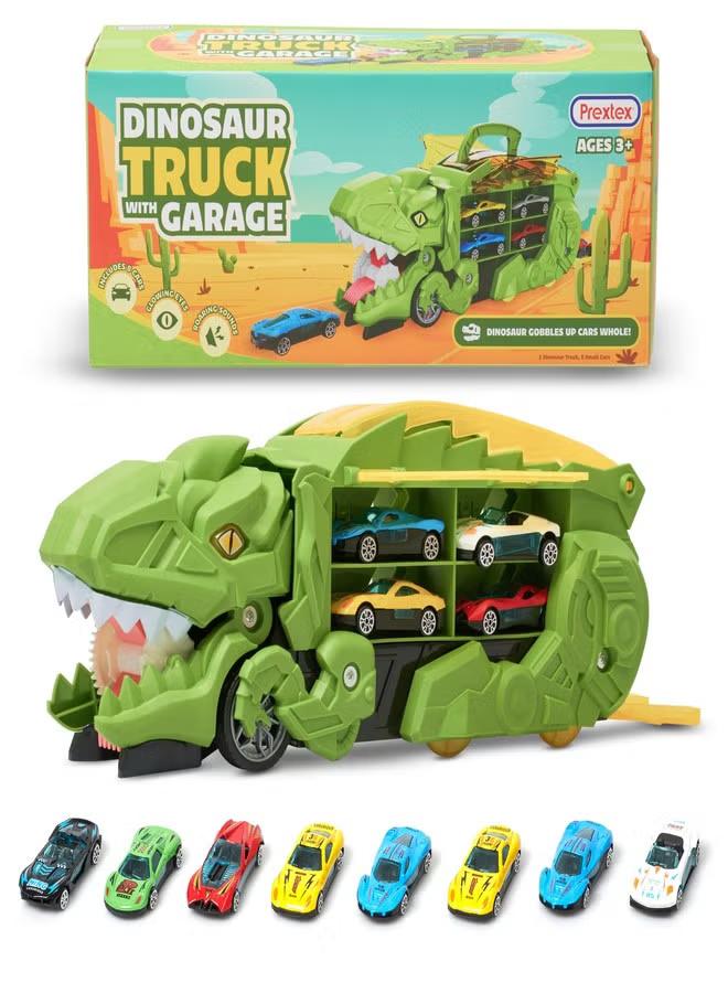 Prextex Dinosaur Truck Garage  Multicolored Plastic Dino Truck with Cars  Transport Dinosaur Truck with Foldable Sliding Track Trucks for Boys  Fun Dinosaurs Toys for 3+ Year Boys