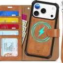 TUCCH Detachable Case Wallet for iPhone 17 Pro (6.3") 2025, Wrist Strap | 4 Card Slots RFID Blocking | Wireless Charging | Stand | 2-in-1 Magnetic | PU Leather | Shockproof Folio Cover | Light Brown