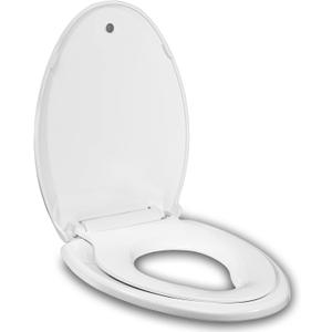 Elongated Toilet Seat Built-In Potty Training Seat, Soft Quiet Close Non-Slip Seat, Easy to Install & Clean,Magnetic Kids Seat and Cover for Elongated Oval Toilets,White