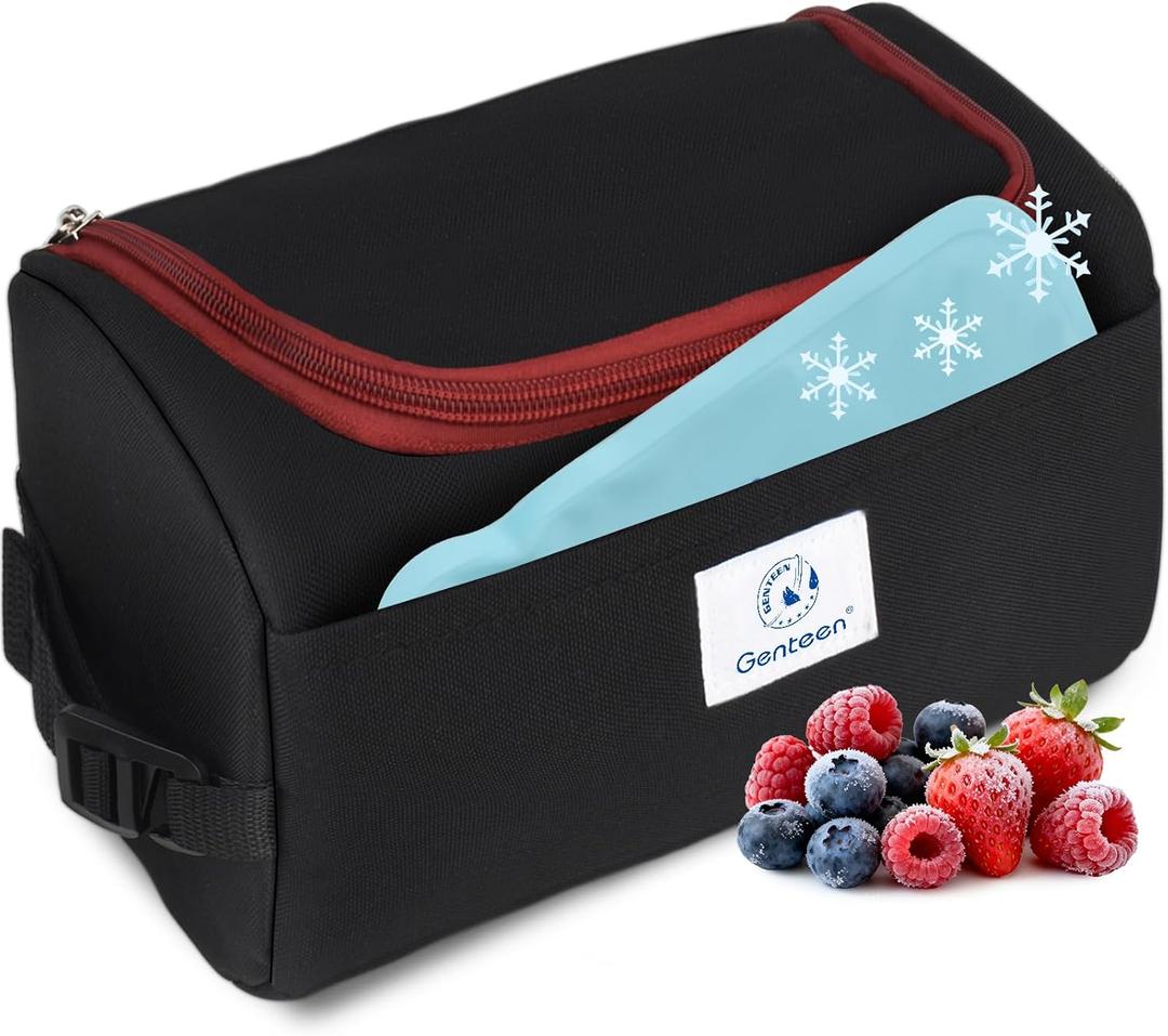 Genteen Small Cooler Bag with Ice Packs,Freezable Lunch Bag/Snack Bag,Small Insulated Bag Reusable Lunch Bag Kids with Zip Closure & Buckle Handle for Travel/School/Work,Black
