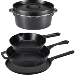 Amazon Basics Pre-Seasoned Cast Iron 5 Pieces Kitchen Pots and Pans Cookware Set, Black, 14.17 x 12.2 x 10.63 in
