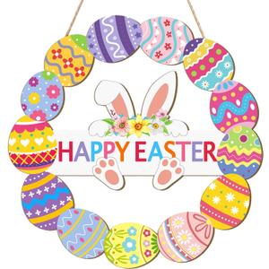 Wooden Easter Decoration Door Wreath for Front Door Sign Wall Signs Rabbit Spring Door Decor, Hollow Bunny Sign Flower Egg Welcome Hanging for Home Wall Decor Party Outdoor Indoor (Easter-Egg)