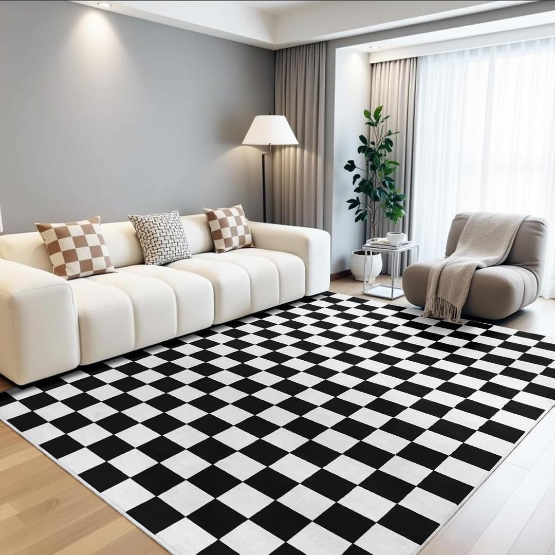 Terrug Black and White Checkered Rug for Living Room,5x7 Area Rugs Washable with Non Slip for Bedroom,Soft Low Pile Stain Resistance Retro Carpet for Dorm Kids Room