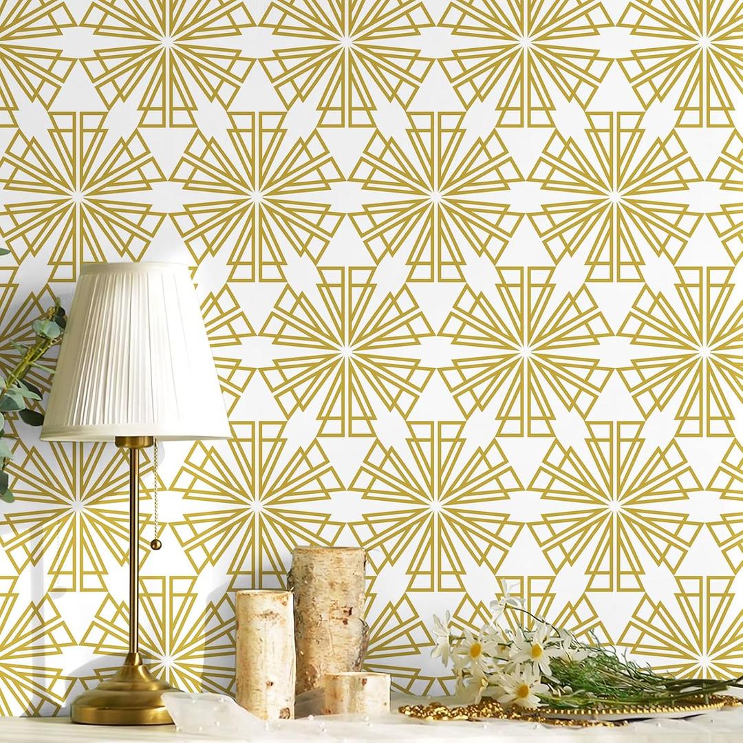 CiCiwind 17.3393.7 Peel and Stick Wallpaper White and Gold Geometric Wall Paper Modern Striped Contact Paper Removable Self Adhesive Wallpaper for Bedroom Bathroom Walls Covering