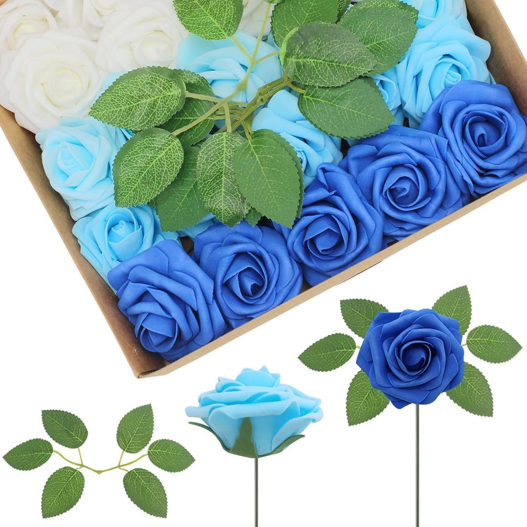 200PCS Blue Series Realistic Roses - Artificial Latex Foam Flowers with Bendable Stems & 100PCS Leaves for Wedding, Home and Party DIY Decor