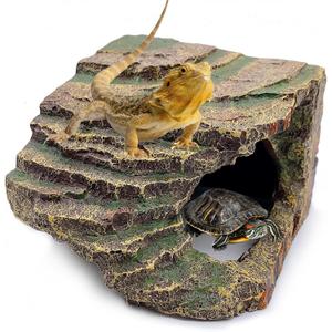 kathson Small Turtles Basking Platform,Resin Reptile Hideouts Cave Habitat Decor,Tortoise Hide Cave with Climbing Ramp Step,Bearded Dragons Hide Basking Rocks Accessories for Lizard,Gecko,Frog