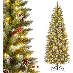 6ft Pre-lit Artificial Christmas Tree Slim Artificial Xmas Tree with 300 LED Light
