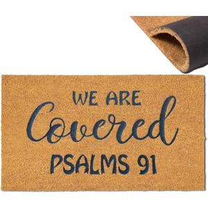 Accssoey Welcome Door Mat, Door Outdoor Entry We are Covered Psalms 91 Doormat Non Slip Rubber Mat for Home Indoor Farmhouse Funny Kitchen Rugs Patio Full Brown 30"x18"