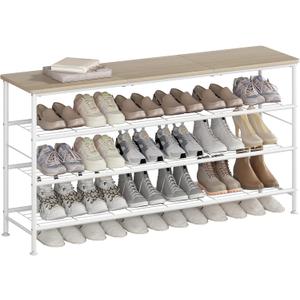 SUOERNUO Shoe Rack Organizer 4 Tier for Closet Entryway Free Standing Metal Storage Shoe Shelf with MDF Top Board (White+Oak, Large 4 Tier)