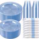 DaYammi 350 Pieces Blue Glitter Dinnerware Set 50 Guest for Party- 50 Dinner Plates, 50 Dessert Plates -50 Per Rolled Napkins with Blue Cutlery - 50 Disposable Cups 9 OZ