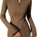 MakeMeChic Women's Wrap Cross Mock Neck Sweater Long Sleeve Button Front Knitted Pullover Tops (XX-Large, Coffee Brown)