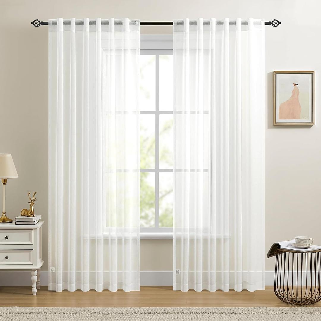 Dreaming Casa White Sheer Curtains 84 Inches Long, Rod Pocket & Back Tab Light Filtering Textured Sheers for Living Room Bedroom, 2 Panels, Each 52" W x 84" L