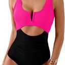 HXN Women's One Piece Swimsuit Tummy Control Bathing Suit Color Block Cutout Slimming Swim Suit Swimwear 2025 Size S