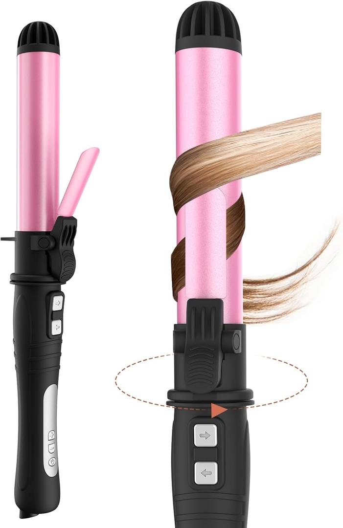 Hair Curler Automatic Rotating1.25 Inch Automatic Hair Curler with Adjustable Temp 180F to 410F & LCD Display, Dual Voltage Beach Waves Curling Iron for Effortless Beach Waves