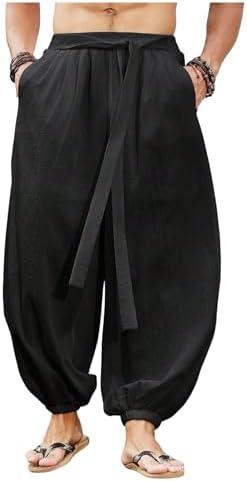 OYOANGLE Men's Harem Pants with Pocket Baggy Aladdin Hippie Loose Fit Elastic Waist Wide Leg Japanese Pants XXL