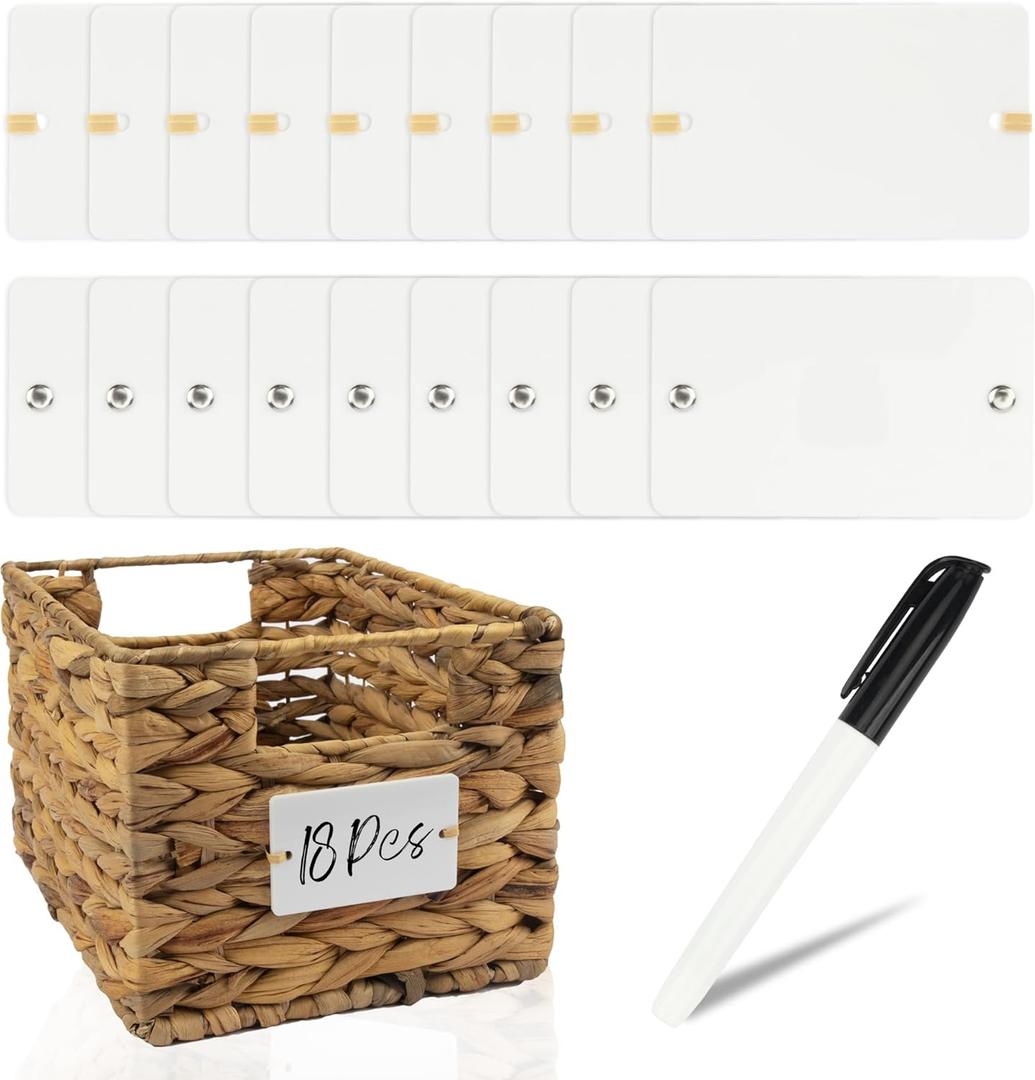 Temlum 18 Pcs Acrylic Basket Labels, Storage Tags with Chalk Marker Removable Label for Wire, Wicker, Woven Baskets & Pantry Storage (Rectangle, White)