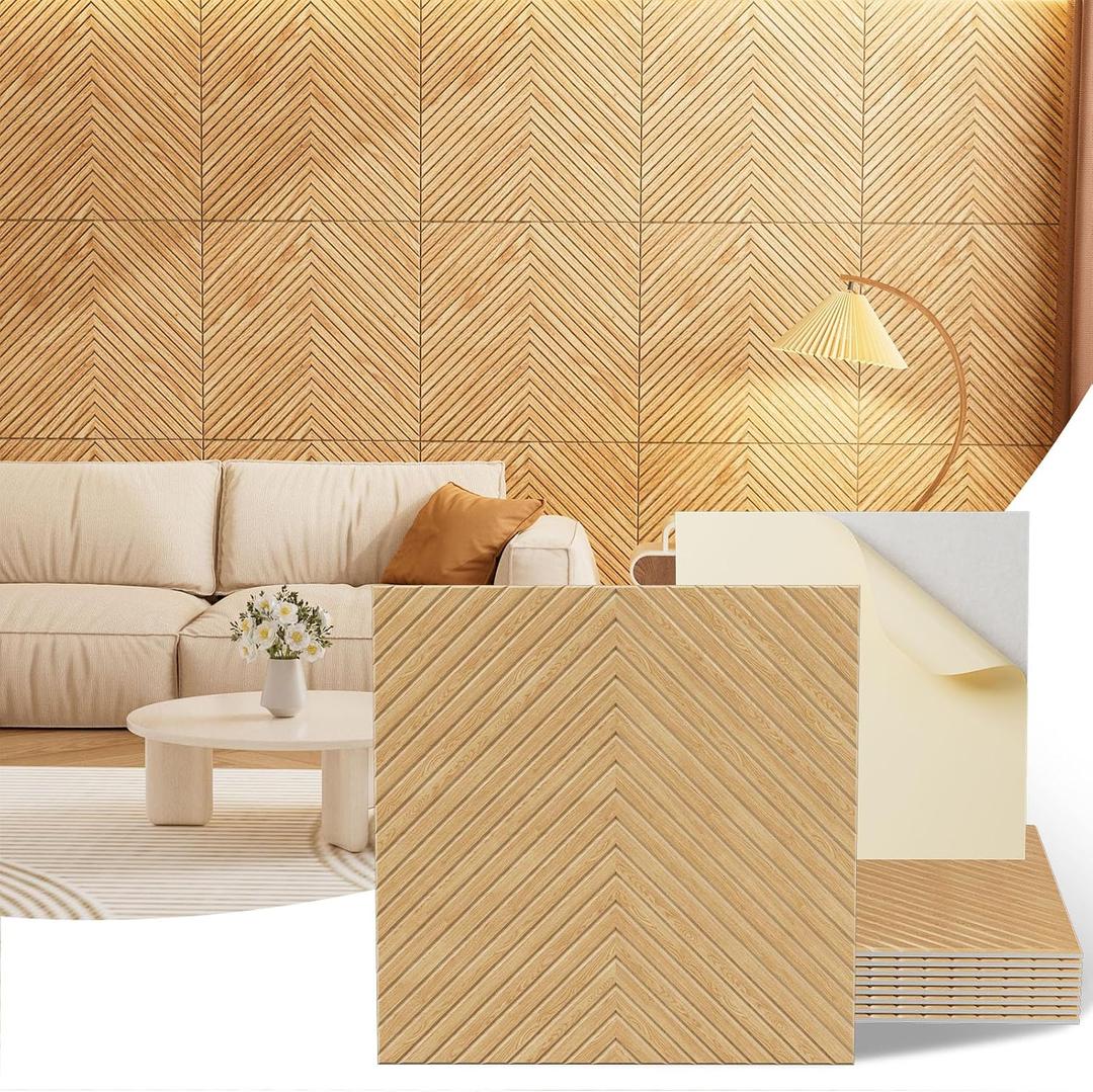 Acoustic Wall Panels, 8 Piece 23.62" x 23.62" Peel and Stick Wall PanelsHigh-Density Polyester Fiber Self Adhesive Soundproofing for Interior Wall Décor, Timber Vee Herringbone