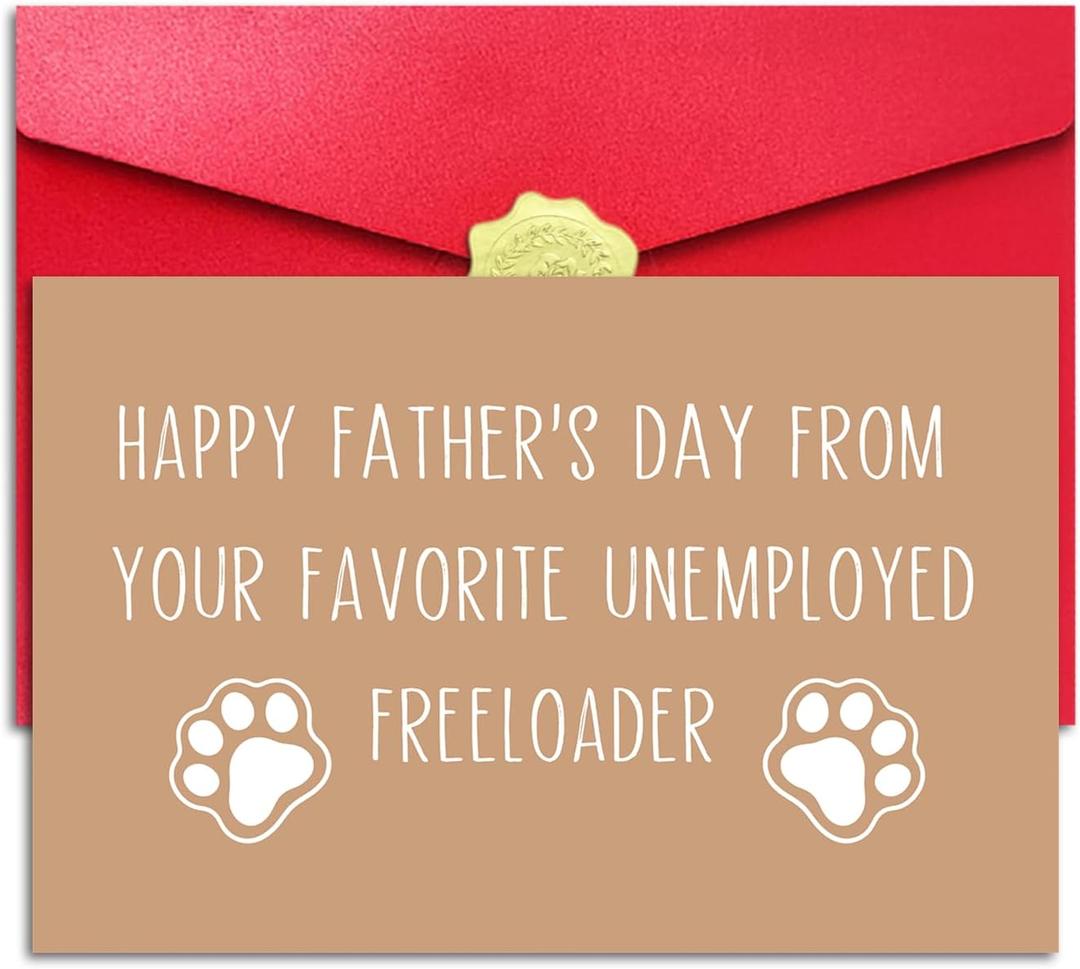 4 x Funny Father’s Day Card from Dog or Cat, Happy Father's Day Card from Favorite Unemployed Freeloader for Pet Lover with Red Envelope and Sticker