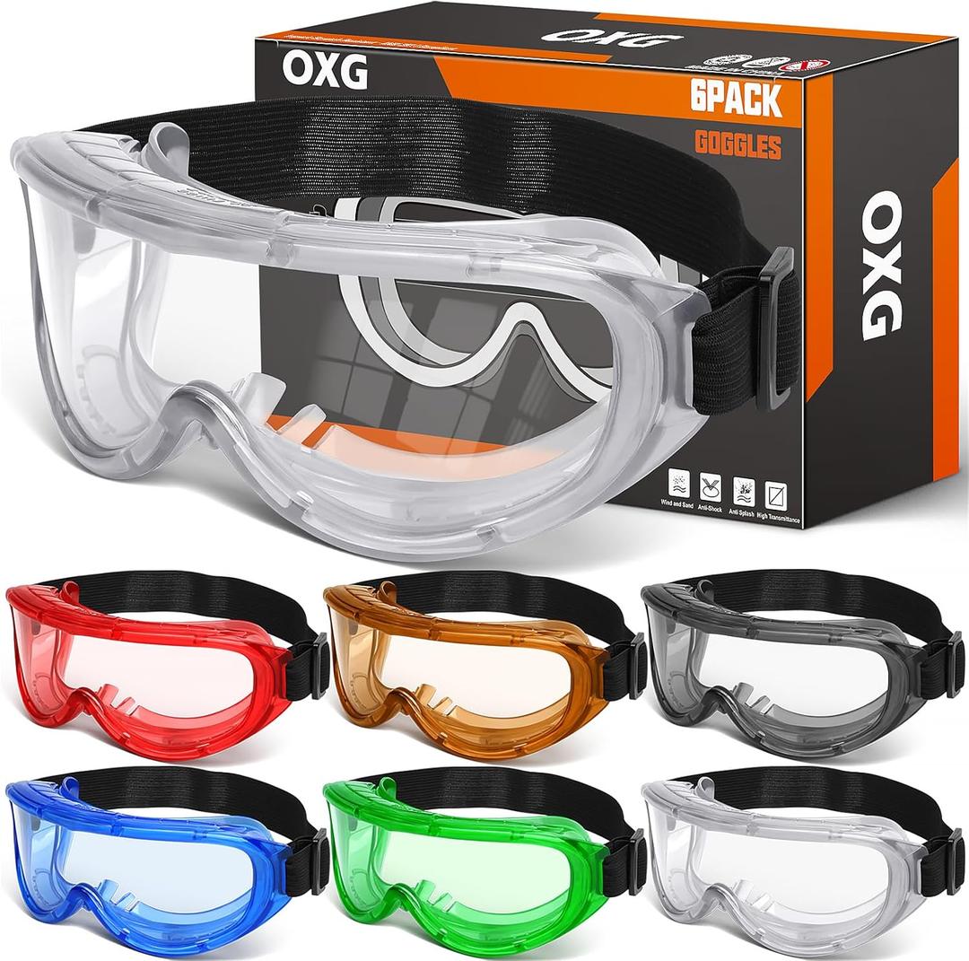 OXG 6 Pack Protective Safety Goggles Anti-Fog, Adjustable Chemical Splash Eye Protection Science Lab Goggles for Women Men (Multicolor)