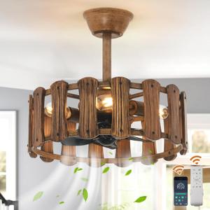 Garwarm 18in Caged Ceiling Fan with Light, Chandelier Farmhouse Ceiling Fans with Lights and Remote,Bladeless Rustic Fandelier Ceiling Fan for Kitchen, Bedroom6 Speed, Timing-Rustic Wood
