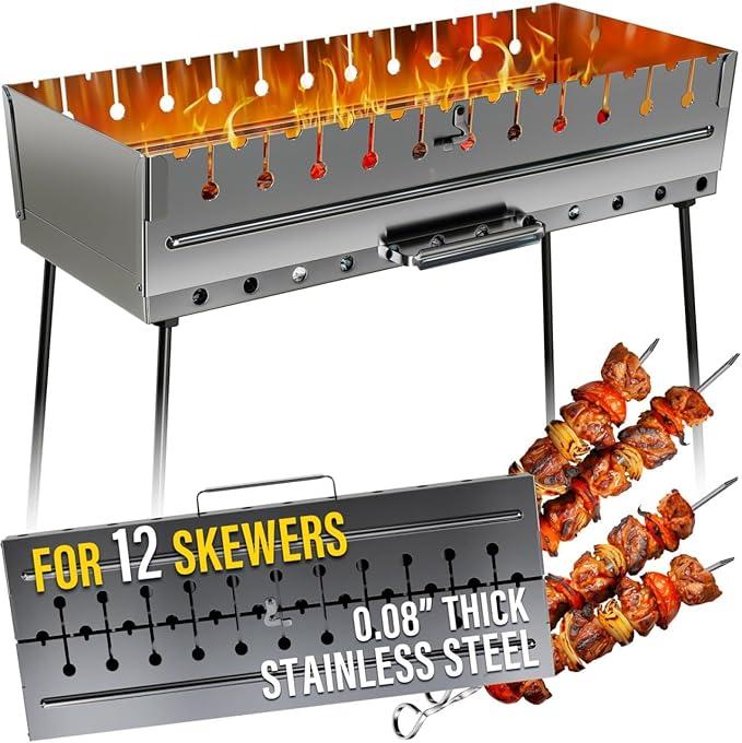 Stainless Steel Charcoal Grill for 12 Skewers – Portable BBQ 24.80"×9.45"×24.80" – Foldable Kabob Mangal – Heavy-Duty Rustproof Grill for Outdoor