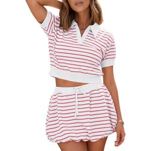 Fisoew Womens Striped 2 Piece Outfits Skort Set Short Sleeves Shirts Bubble Mini Skirt Sets Matching Sets (Small, Pink)