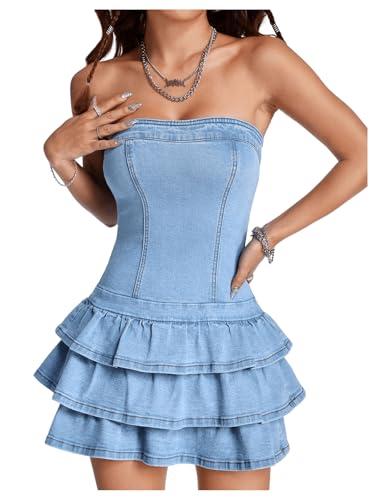 WDIRARA Women's Strapless Layered Ruffle Denim Dress Bandeau Slim Fit Mini Dresses Blue Large