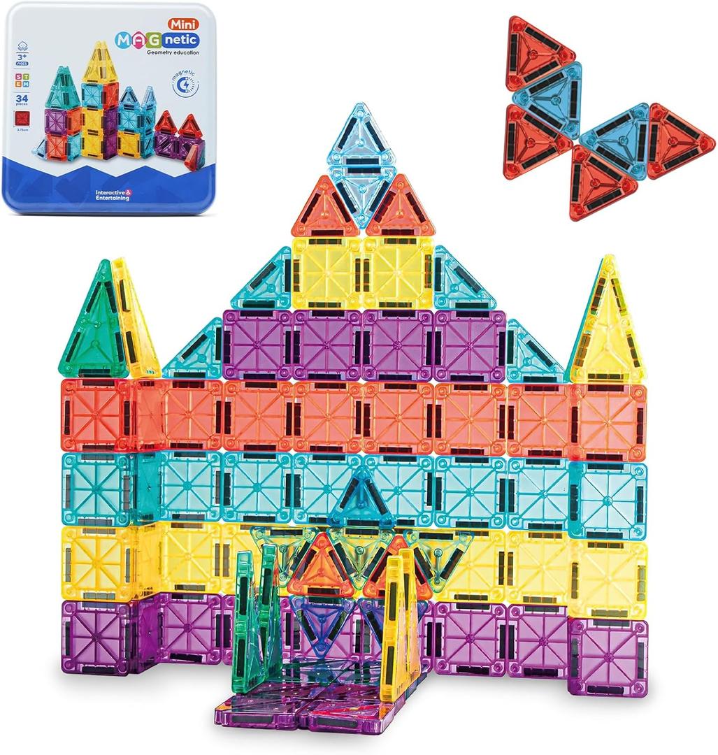 Mini Magnetic Tiles,34 PCS Magnetic Blocks with Metal Storage Box,Magnetic Building Tiles ,STEM Educational Travel Magnetic Tiles,Toddler Magnetic Toys for Kids Boys Girls Christmas Birthday Gifts