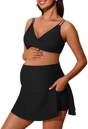 Summer Mae Maternity Swim Dress Two-Piece Bikini Swimsuit Pregnancy Bathing Suit with Pockets Black 8