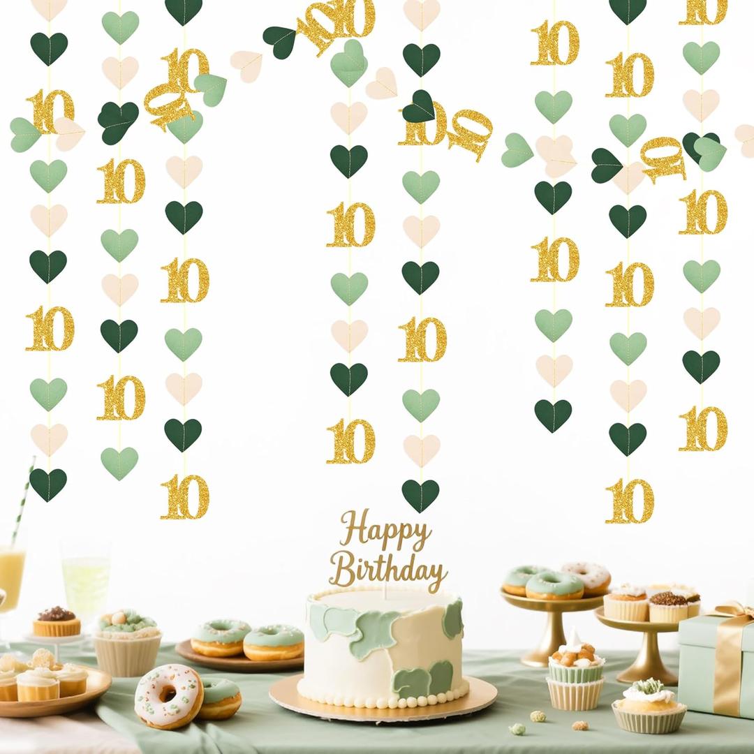 Sage Green Gold 10th Birthday Decorations Sage Green Gold Heart Garland Streamer Banner Backdrop for Girls Happy 10th Birthday Double Digits I'm 10 Cheers to 10 Years Old Anniversary Party Supplies
