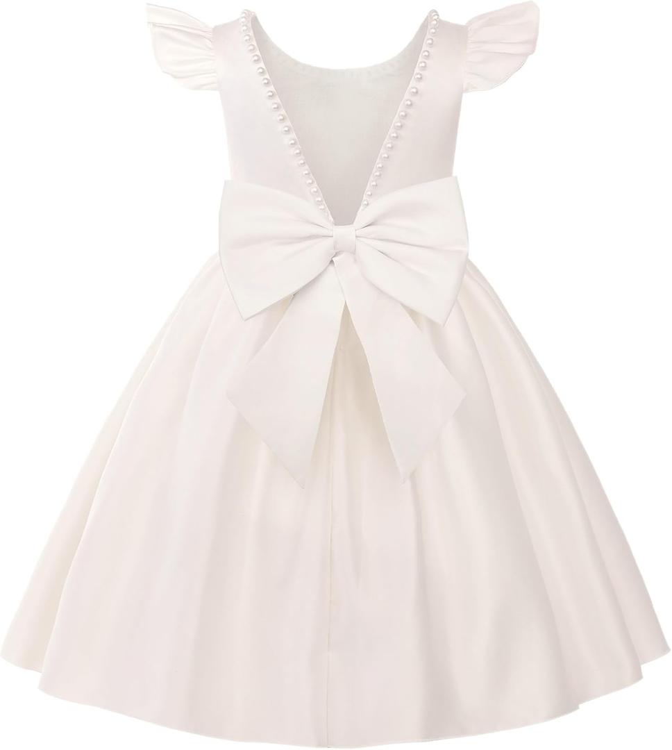 Uhnice Flower Girl Satin Dress with Pearls Flutter Sleeves V Back Gown with Removable Bow for Wedding Birthday Party (2-3T)