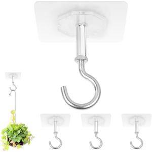 Adhesive Ceiling Hooks 4 Pack, 30lbs Heavy Duty Ceiling Hooks for Hanging Plants, Strong No Drill Outdoor Sticky Ceiling Hanger, Stick On Hooks for Lights,Wind Chimes,Lantern
