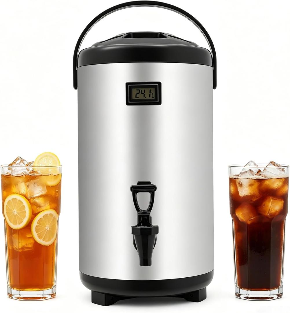 Stainless Steel Insulated Beverage Dispenser, 2.5Gal Thermal Carafe with Spigot for Hot Coffee & Cold Juice, 12-Hour Heat Retention Drink Dispenser for Party Wedding Cafe, Silver