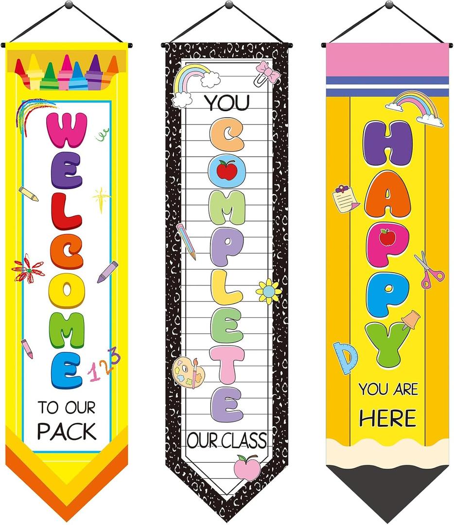 Blulu 3 Pcs Back to School Banners Classroom Motivational Porch Signs 47''x12'' School Pencil Porch Banner Decorations for Indoor Outdoor Door Wall Classroom Party Supplies Decoration