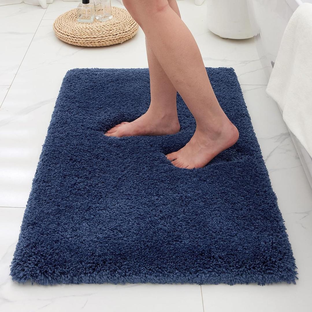 Bathroom Rugs Non Slip Washable, Ultra Thick Soft Microfiber Absorbent Bath Mats, High Density Foam Latex Non Slip Backing Bath Rugs, Fluffy Floor Carpet for Tub&Shower 24x17, Navy