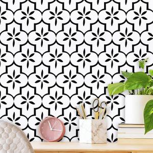 GloryTik Geometry Black/White Textured Wallpaper 17.7x393.7in, Removable Modern Trellis Decorative Contact Paper for Cabinets, Kitchen, Bathroom Walls