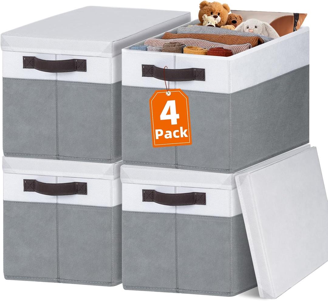 Large Closet Storage Baskets Bins with Lids 4 Pack, Storage Baskets for Organizing Shelves Nursery Bedroom, Home Dorm Closet Organizers Cubes for Clothes Toys Blanket Book - Stackable -14x10x9.5 (White with Grey)