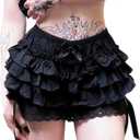 Women Y2k Lolita Bloomers Ruffle Frilly Gothic Shorts Layered Pumpkin Bottoms Party Cosplay Boyshorts Pettipants (Black), One Size
