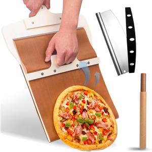 Sliding Pizza Peel, Pizza Slider Paddle with Pizza Cutter Rocker, Non-Stick Pizza Peel Slider with Handle Detachable Transfers Pizza Pie, 12 Wood Sliding Pizza Peel with Replacement Cloth