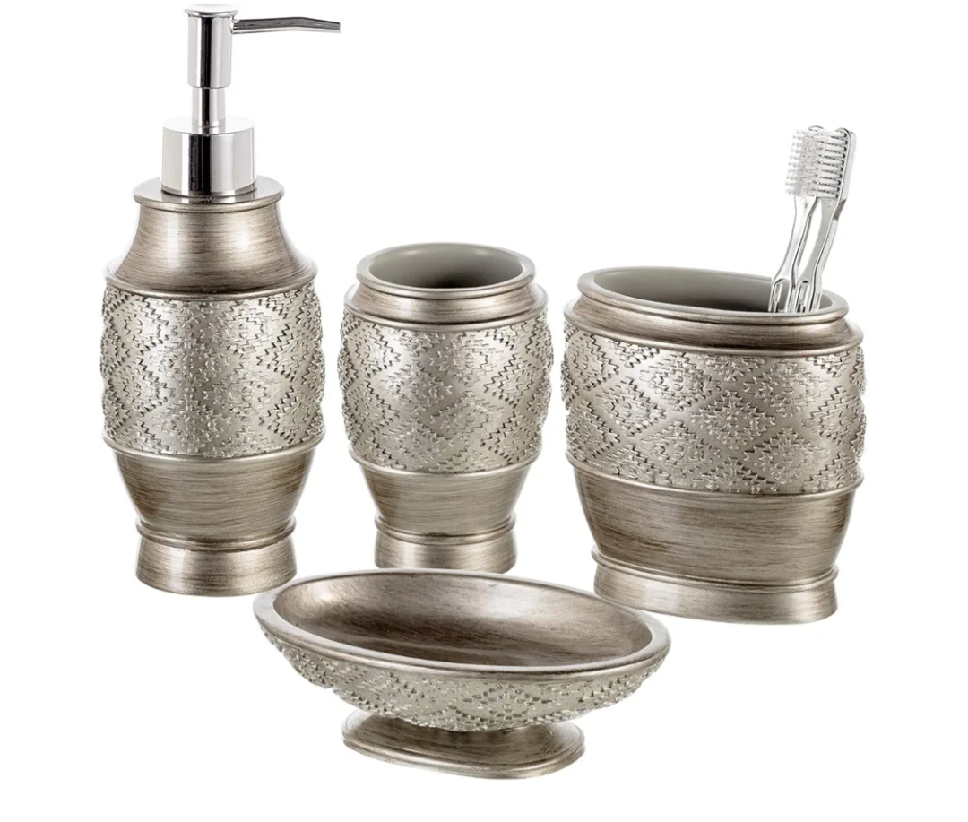 Creative Scents Dublin Silver Bathroom Accessory Set - Brushed Silver Bathroom Sets Accessories - 4 Piece Bathroom Set Includes: Soap Dispenser, Toothbrush Holder, Soap Dish and Tumbler