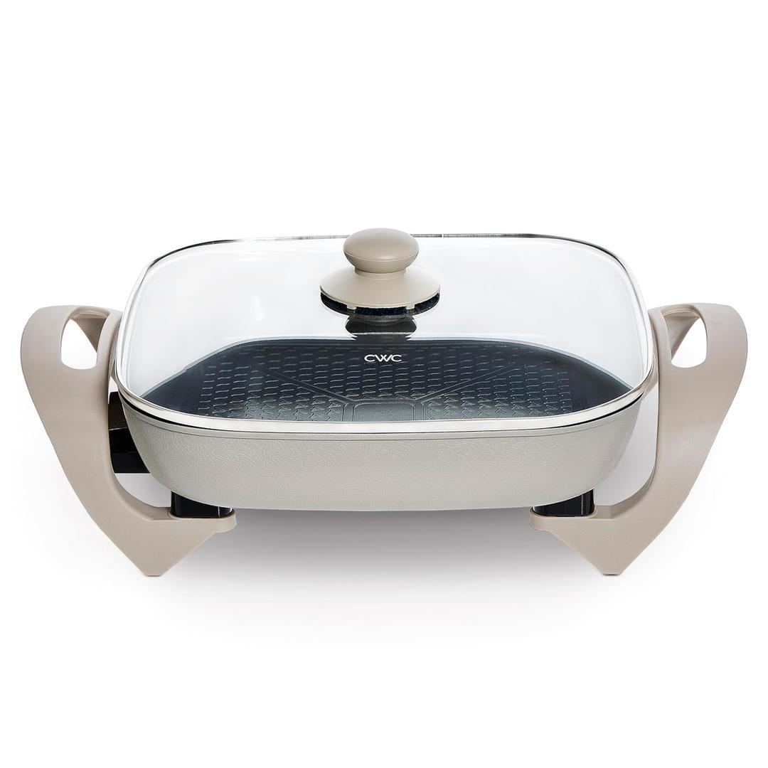 COOK WITH COLOR Electric Skillet - 12" x 12" Ceramic Nonstick Pan, PFAS-Free, 1400W, Tempered Glass Lid, Variable Temperature, Removable Heating Probe, Cool-Touch Handles, Sand (Greige)