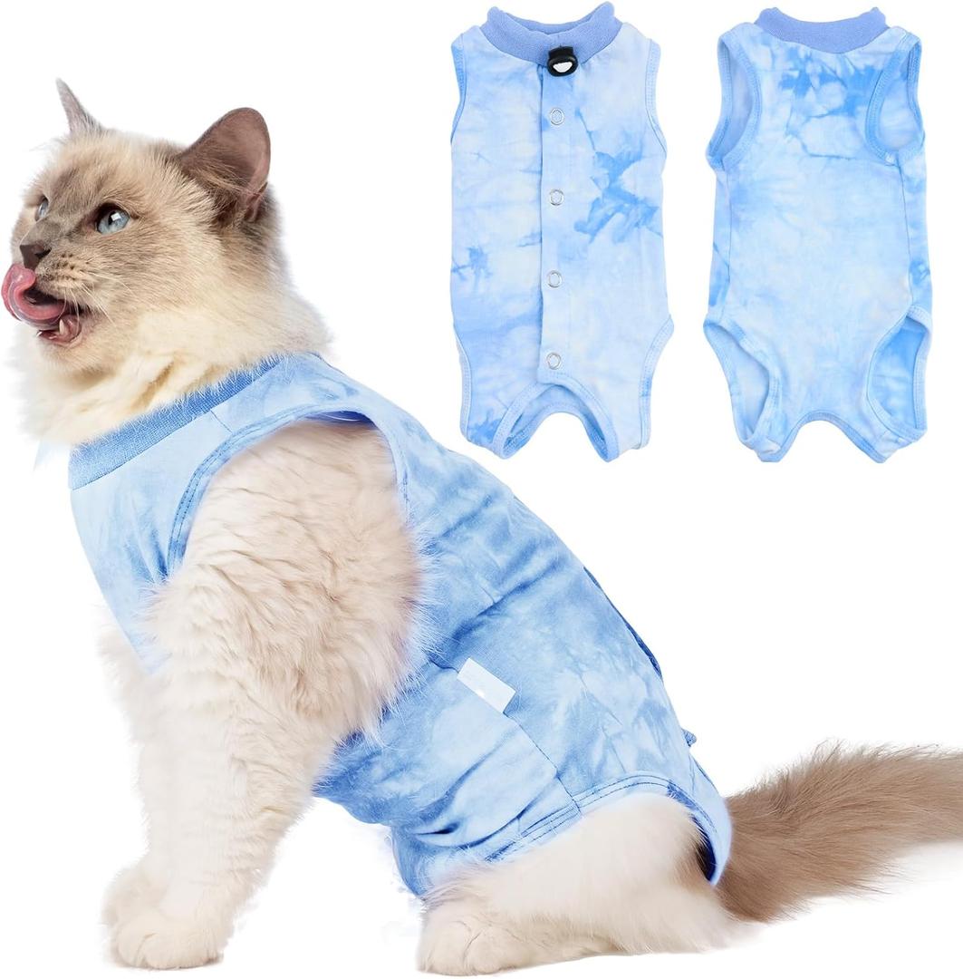 2 Pack Cat Surgery Recovery Clothes for Female and Male, Soft Cat Spay Shirts Suit, Comfortable Kittens Pajamas Onesie, Adjustable Fit to Stop Licking, Blue L