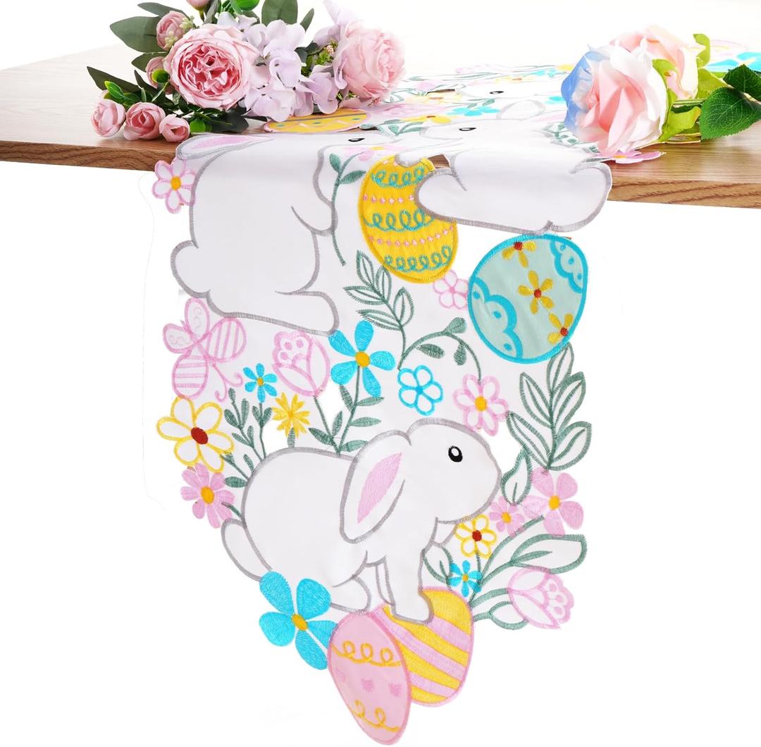 cnomg Easter Table Runner Embroidered Floral Eggs Bunnys Colorful Flower Dresser Scarf Spring Holiday Home Kitchen Dining Tabletop Decoration 14x34 Inches