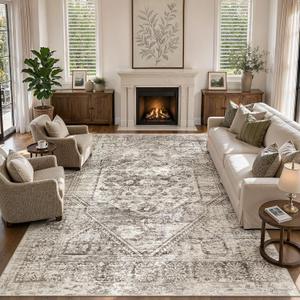9x12 Area Rug for Living Room, Washable, Traditional, Distressed Brown