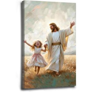 XWNLTEPK Dancing Day Christian Painting Jesus With Girl Christian Wall Art Bible Jesus Dancing With Little Girl Print Canvas Wall Art Poster (12x16inFramed, a24)